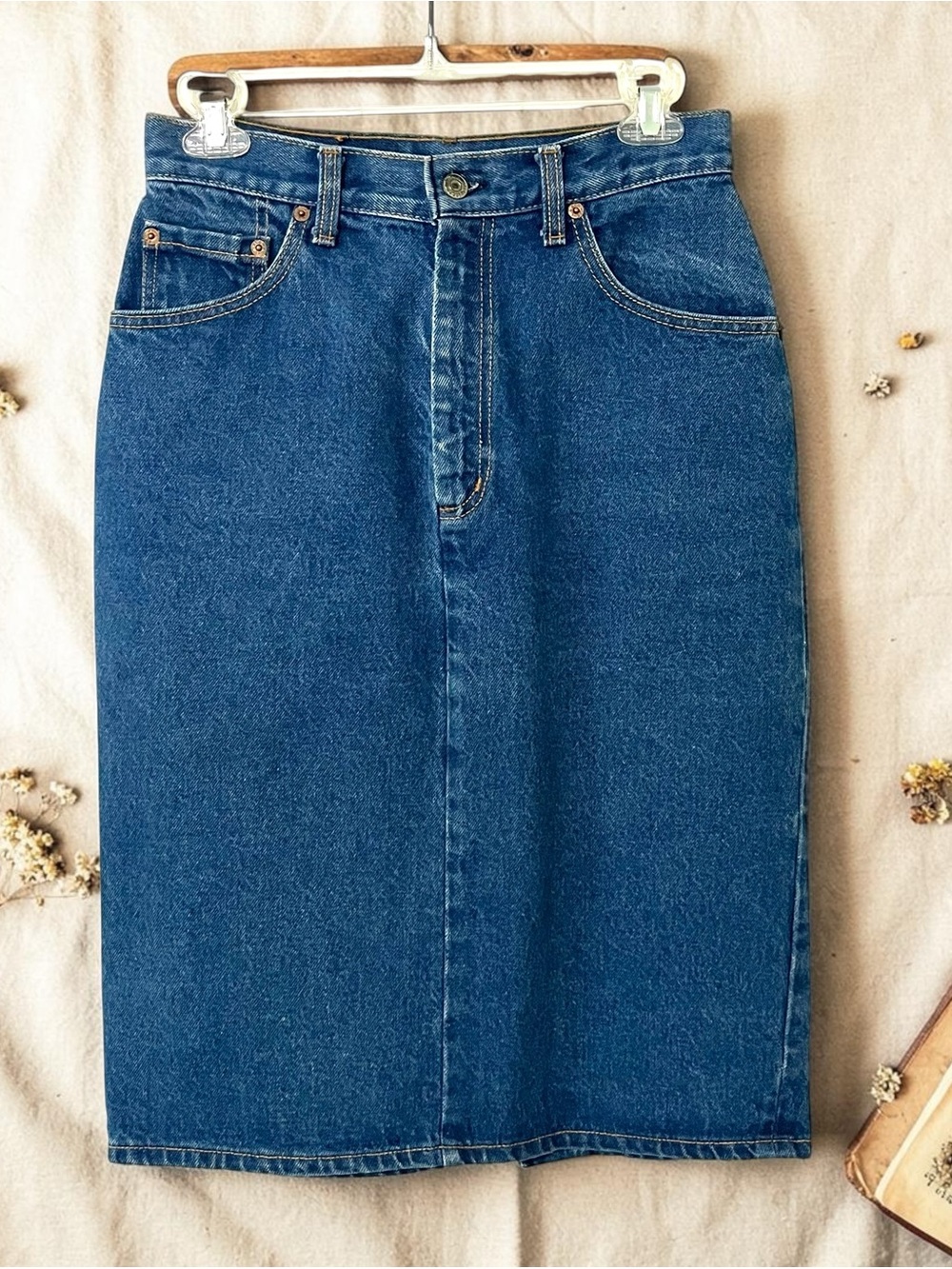 Vintage Levi’s USA Made Denim Midi Skirt Womens 10 26 Waist Blue Jean Back Slit